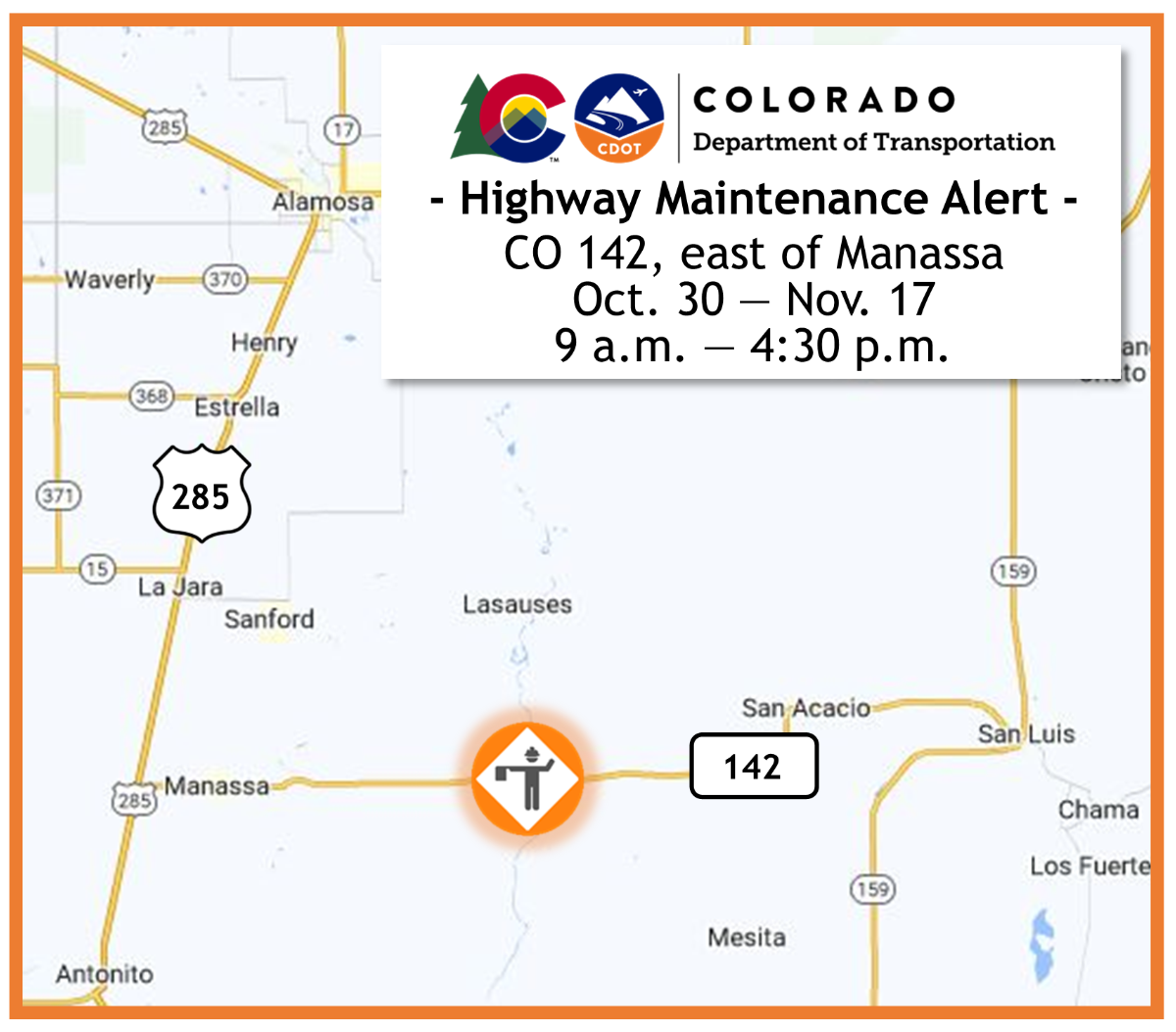 CO 142 east of Manassa maintenance map.png — Colorado Department of Transportation
